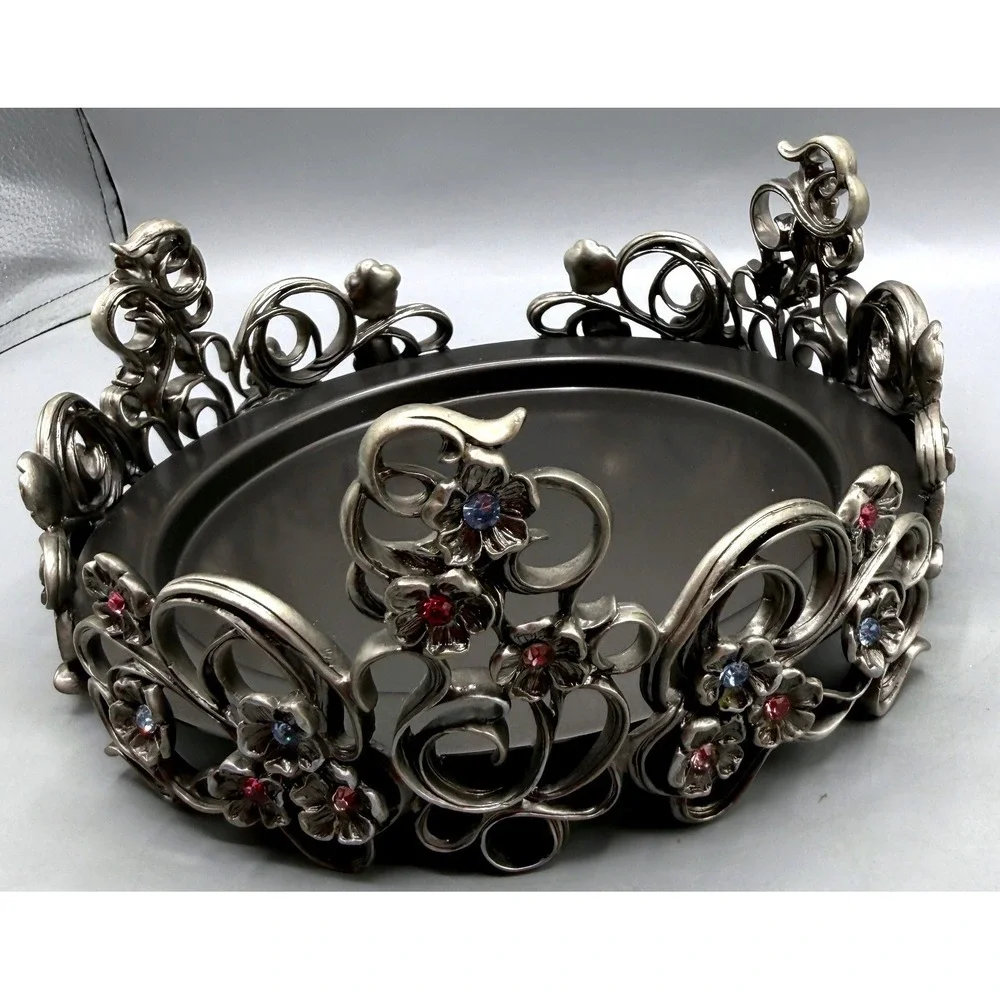 PartyLite Jewels 3 Wick Candle Holder Pewter Metal Ornate Floral Jeweled Crown